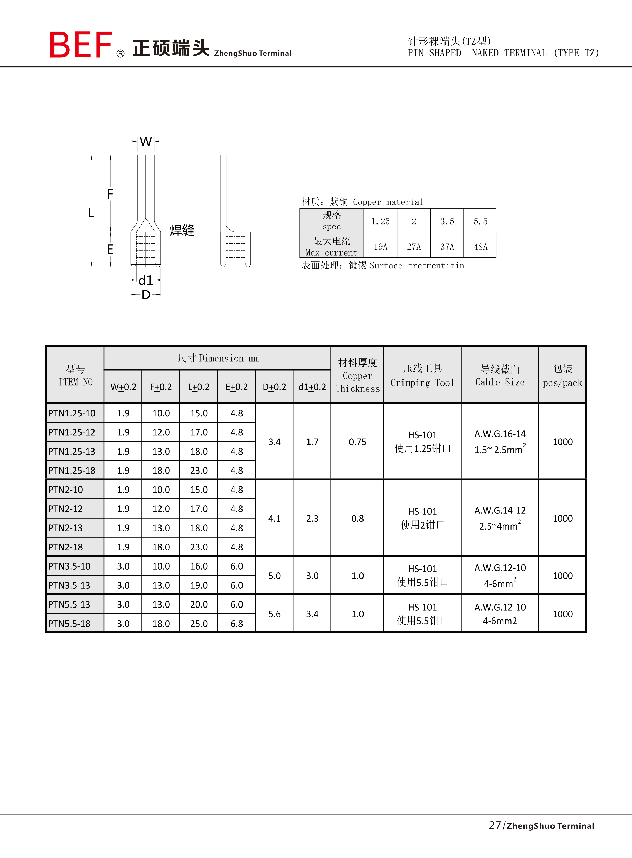 PTN针形裸端头技术参数