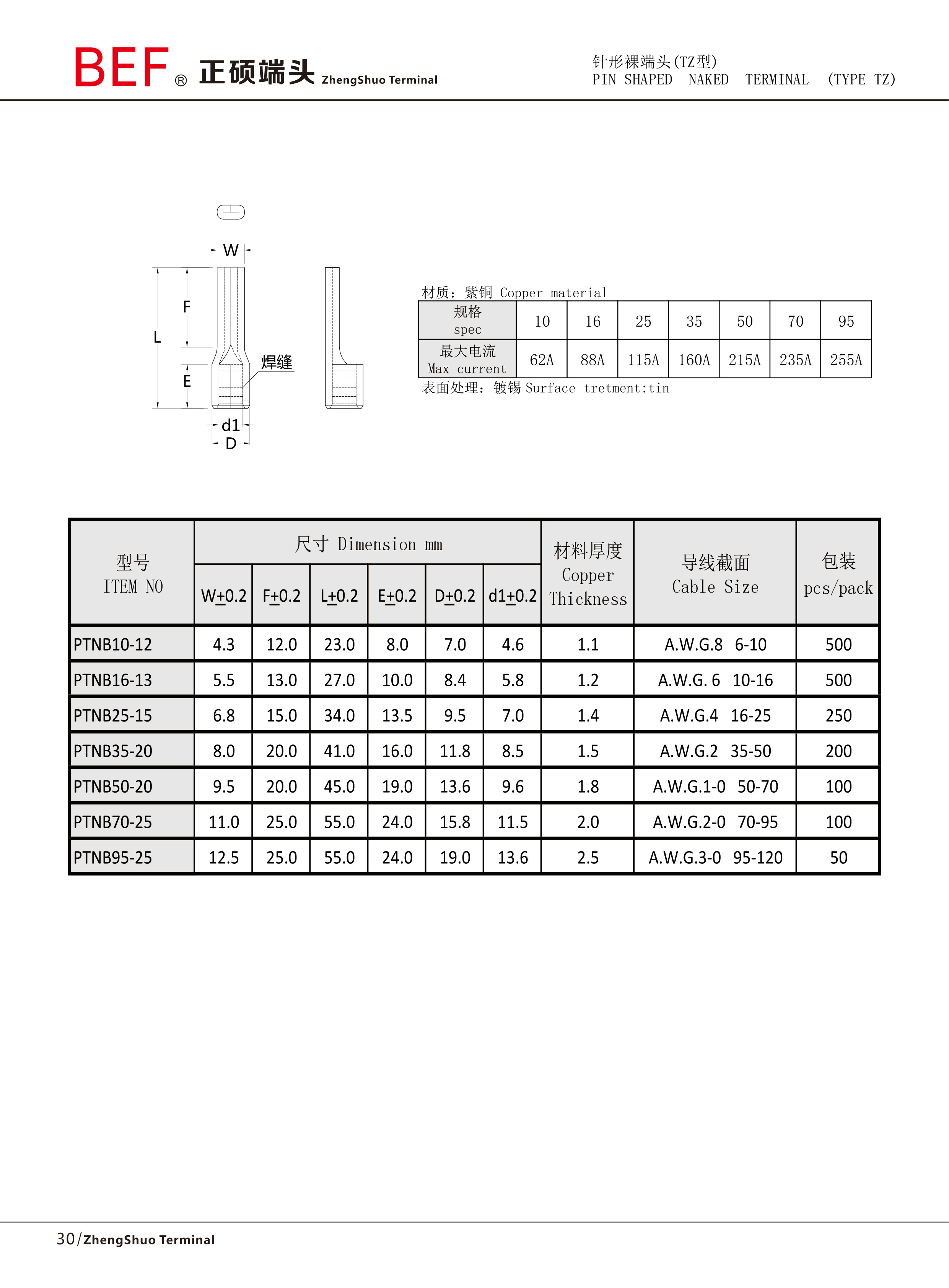 PTNB针形裸端头技术参数